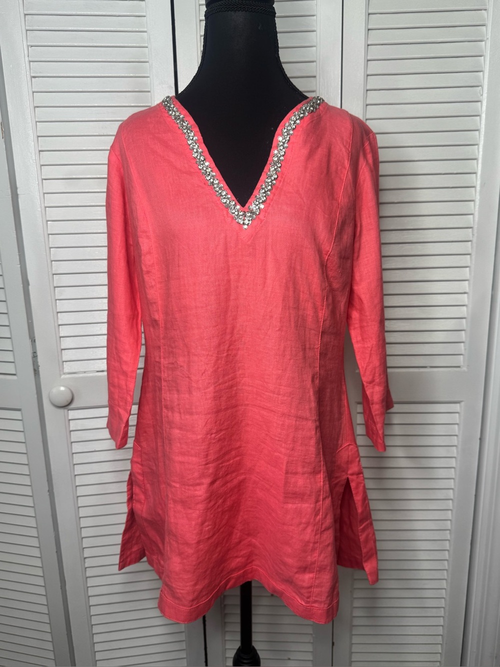 Melvin Hamburg Women Linen Coral  V Neck Tunic Coastal Top Embelished Trim Med